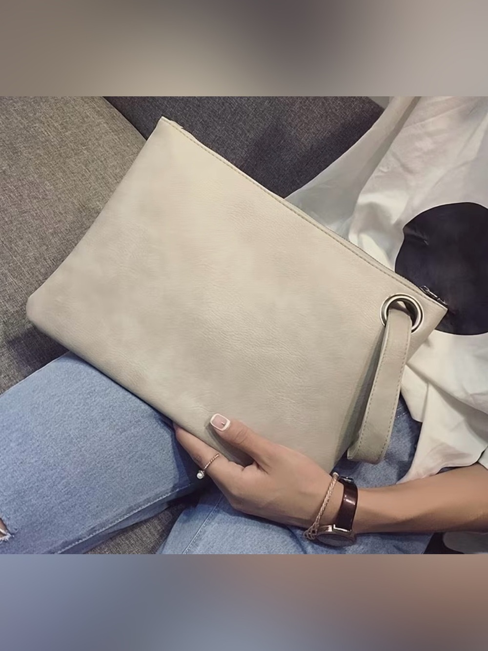 Oversized Envelope Clutch Wristlet Cream Beige Vegan Leather Zip